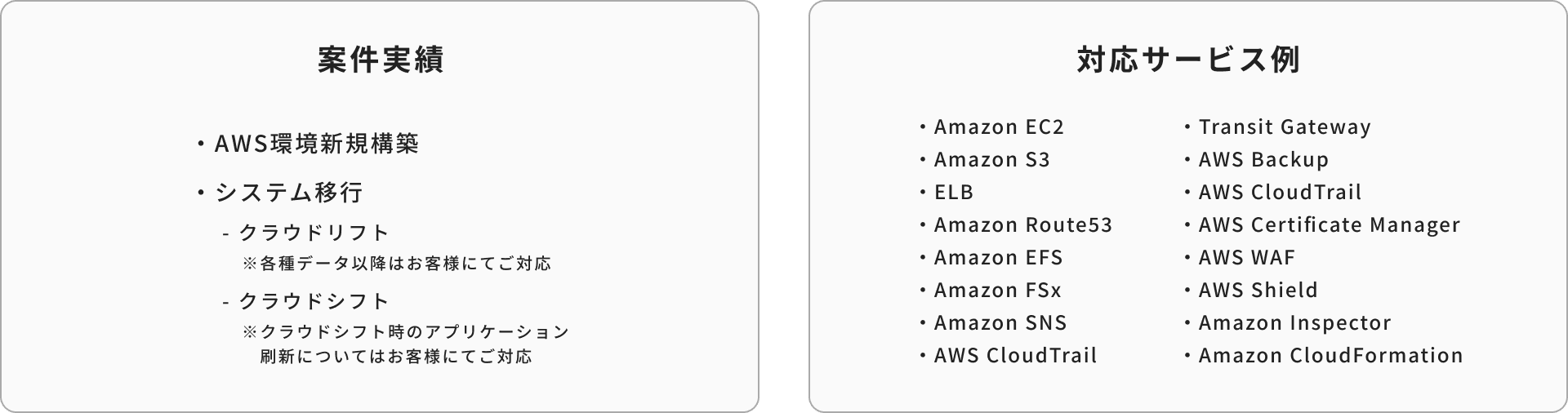 案件実績と対応サービス例。左側には案件実績が記載されており、AWS環境新規構築、システム移行（クラウドリフト：各種データ以降はお客様にてご対応、クラウドシフト：クラウドシフト時のアプリケーション刷新についてはお客様にてご対応）が示されています。右側には対応サービス例が記載されており、Amazon EC2、Amazon S3、ELB、Amazon Route53、Amazon EFS、Amazon FSx、Amazon SNS、AWS CloudTrail、Transit Gateway、AWS Backup、AWS Certificate Manager、AWS WAF、AWS Shield、Amazon Inspector、Amazon CloudFormationが示されています。